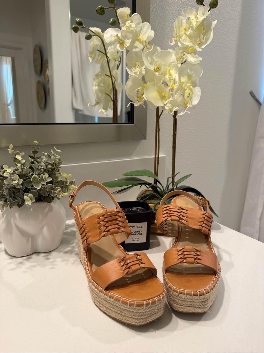 Veronica Beard Woven Leather Wedge Sandals - Tan (8)